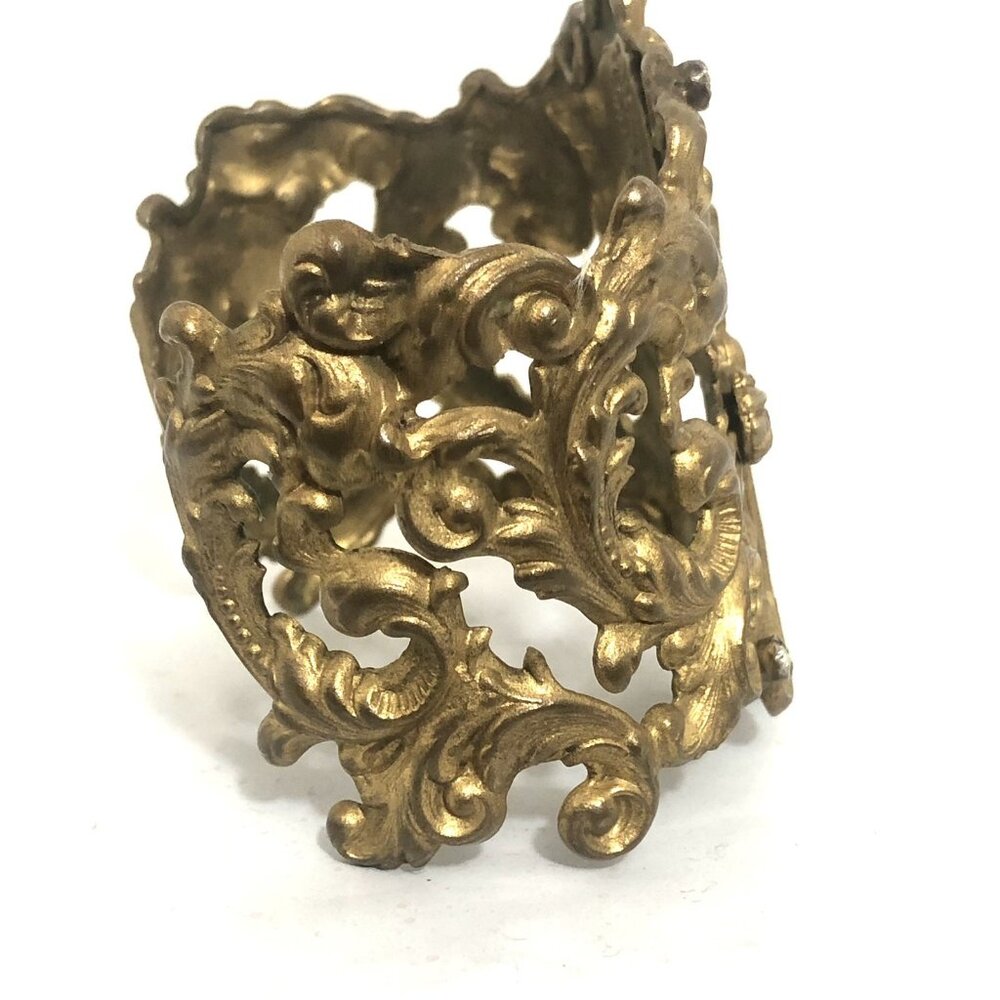 Vintage Wide Cuff Bracelet Virgins Saints & Angels Cross Gold Tone Ornate - Picture 11 of 14